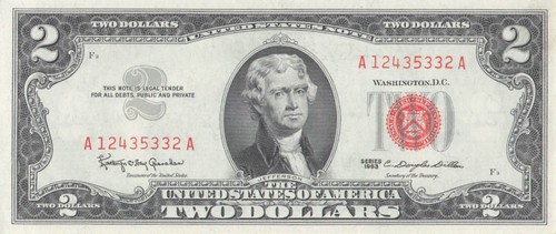 1963 two dollar note red - note,